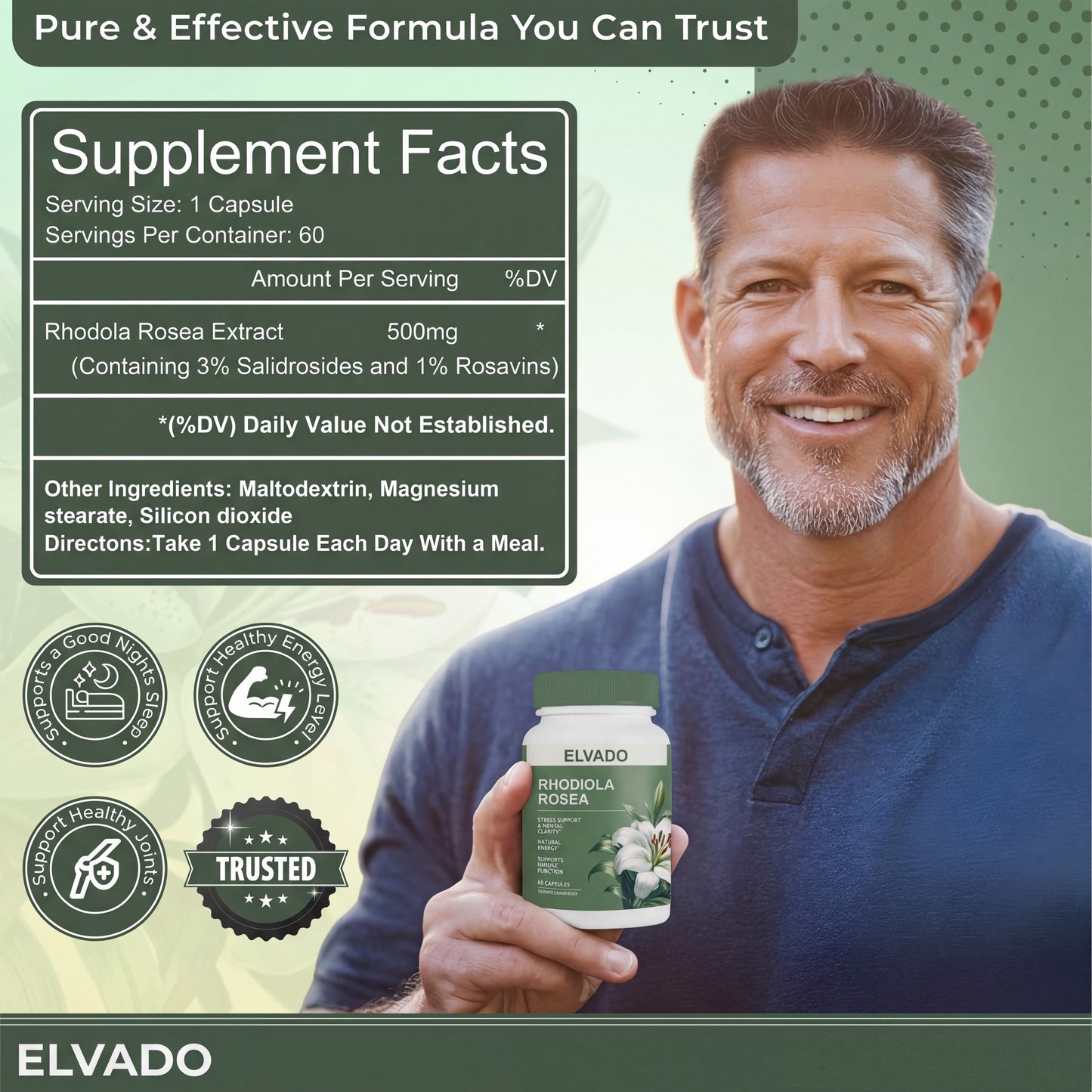 Elvado Rhodiola Rosea  500mg – Stress, Energy & Focus